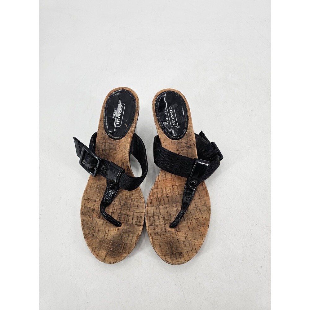 COACH Black Patent Leather BERNADETTE Thong Wedge Sandals Cork Heels‎ Womens 9 B